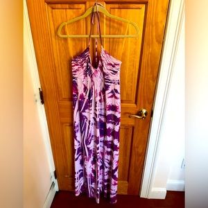 Pink and purple tie dye dress with halter straps.